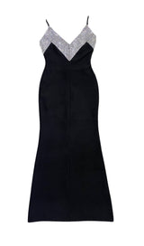 BLACK V-NECK RHINESTONE DECORATIVE SUSPENDER DRESS styleofcb 