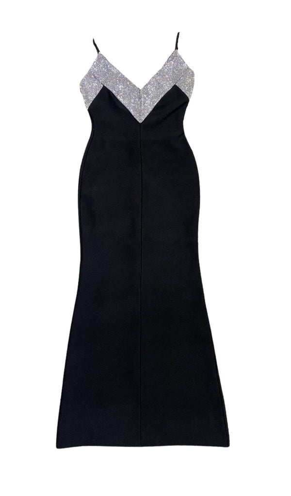 BLACK V-NECK RHINESTONE DECORATIVE SUSPENDER DRESS styleofcb 