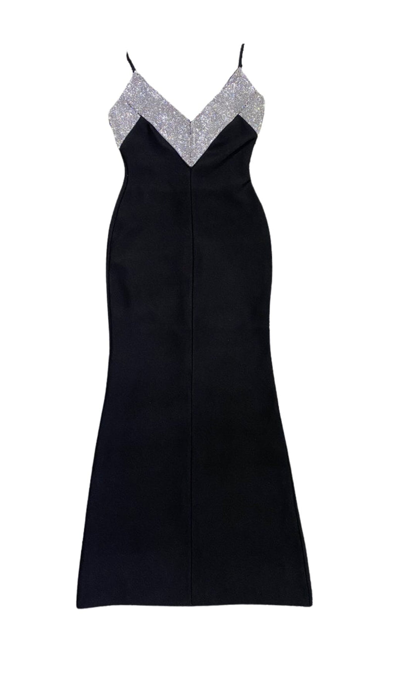 BLACK V-NECK RHINESTONE DECORATIVE SUSPENDER DRESS styleofcb 