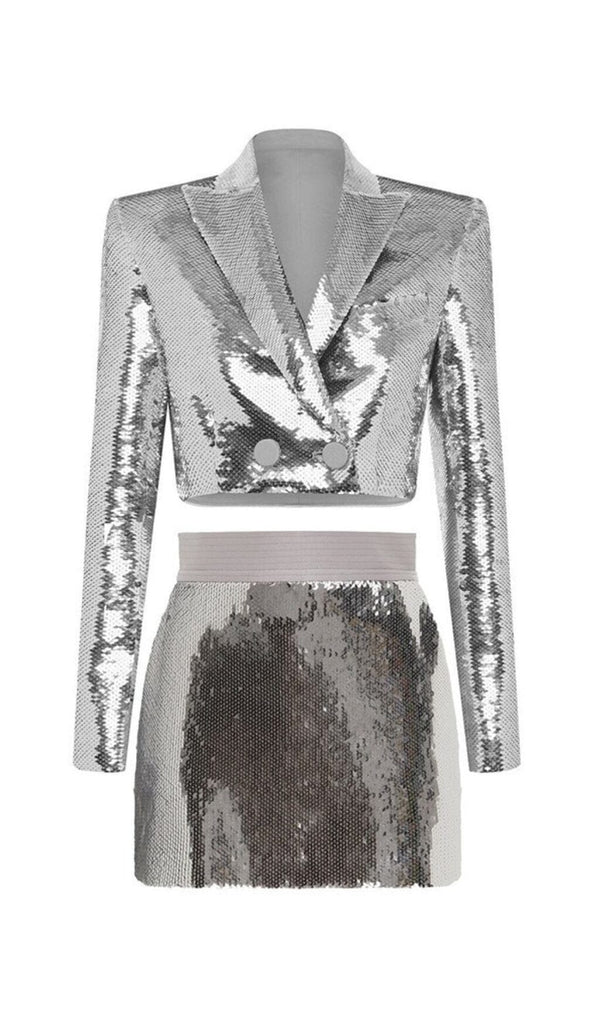 SEQUIN SHORT TWO PIECES SUIT IN SLIVER styleofcb 