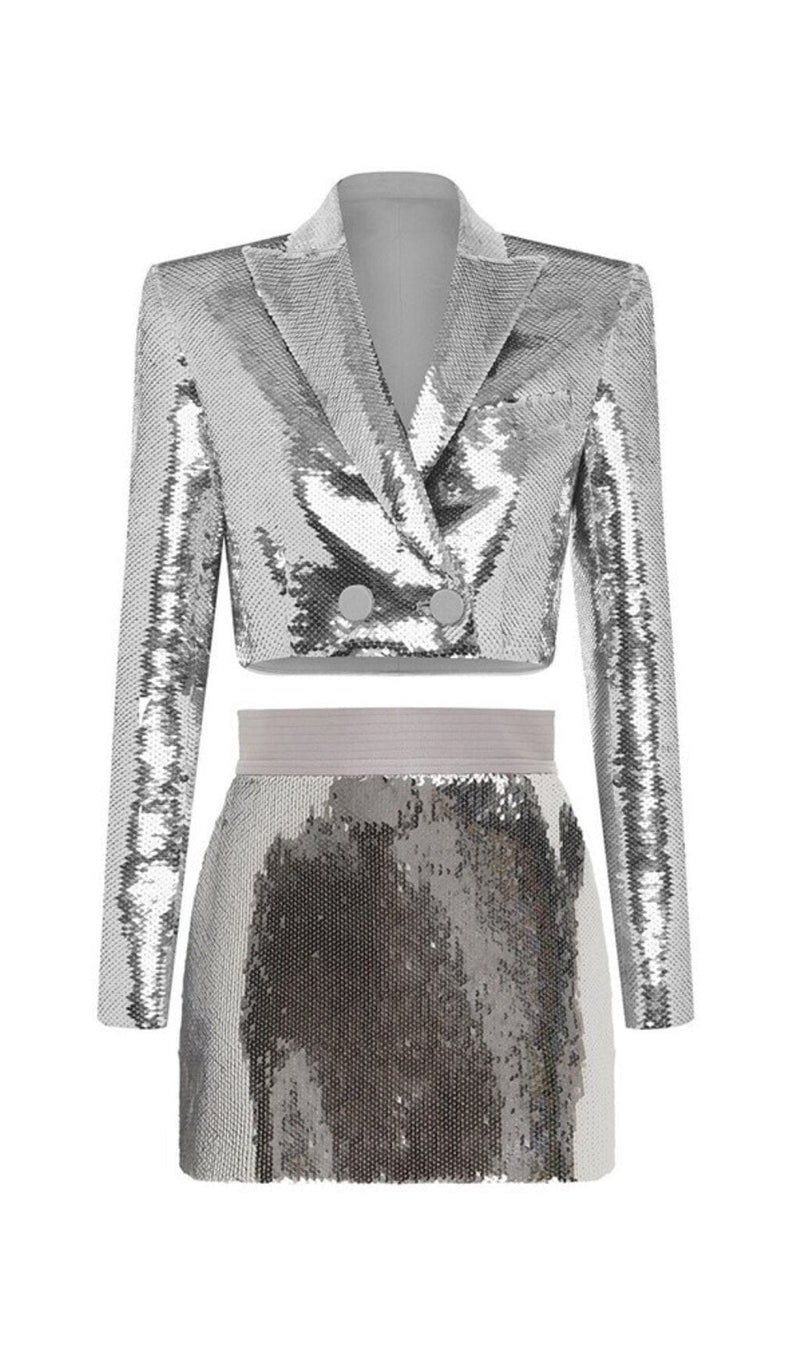 SEQUIN SHORT TWO PIECES SUIT IN SLIVER styleofcb 