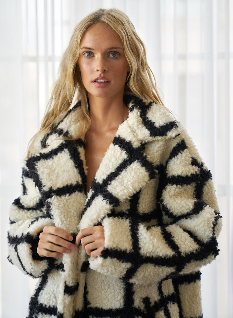 Nina Faux Fur Check Coat Cream And Black Coats & Jackets styleofcb 