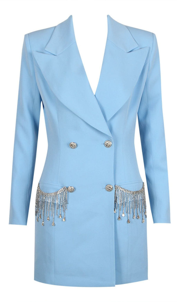 V-NECK BOTTOM JACKET DRESS IN BLUE DRESS styleofcb 