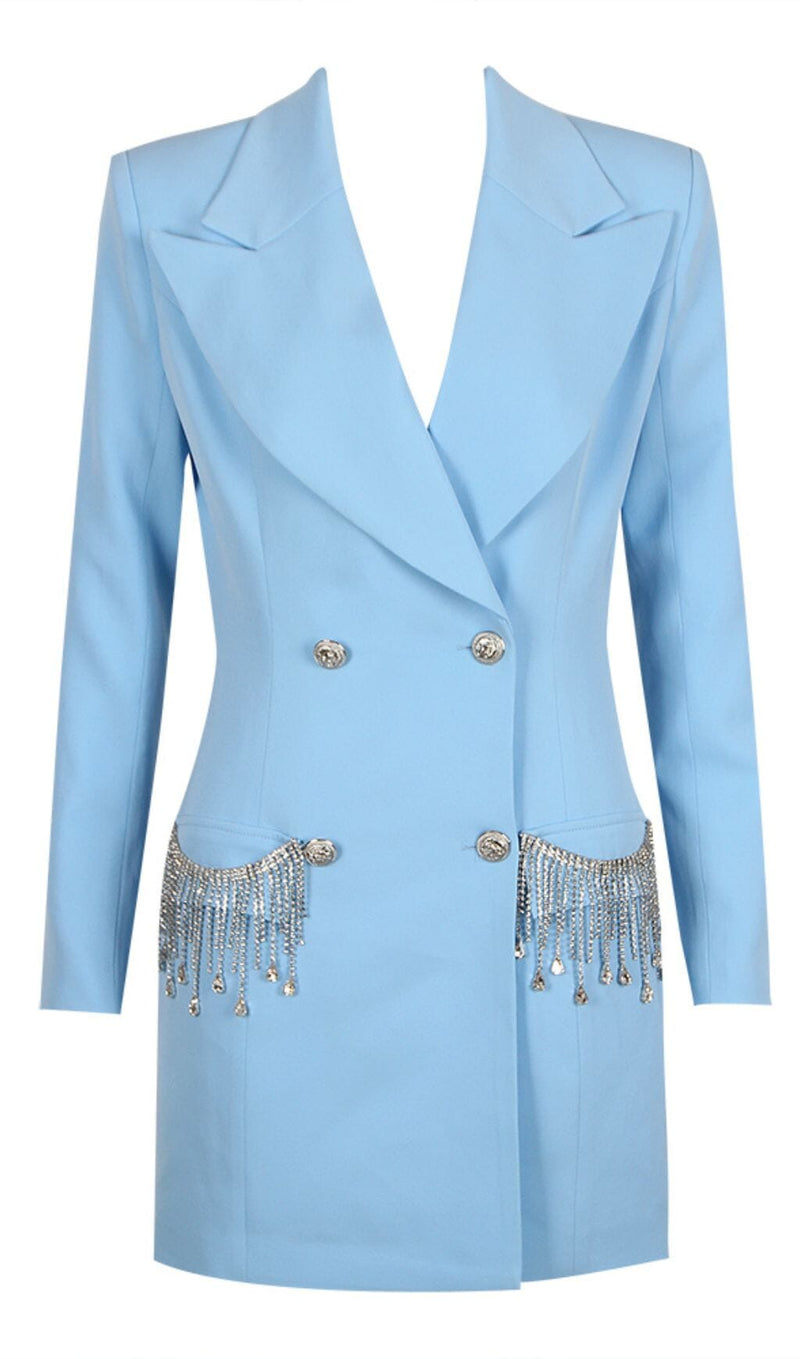 V-NECK BOTTOM JACKET DRESS IN BLUE DRESS styleofcb 