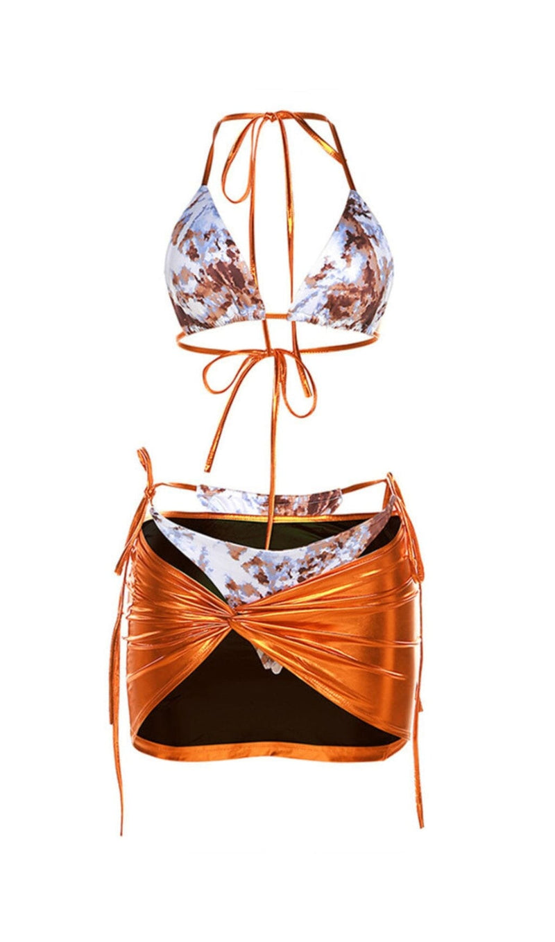 PRINTED METALLIC SWIMWEAR THREE PIECE SET IN GOLD Swimwear styleofcb 