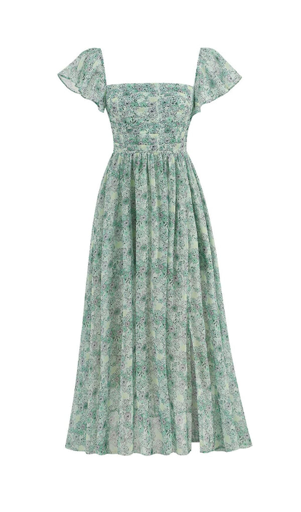 FLORAL COLD SLEEVE MIDI DRESS IN GREEN DRESS STYLE OF CB 