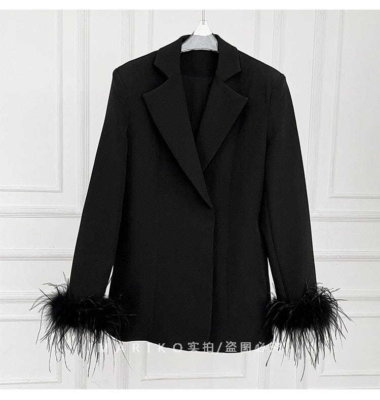 VELVET FEATHER-TRIM JACKET IN BLACK DRESS STYLE OF CB 