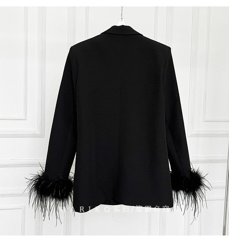 VELVET FEATHER-TRIM JACKET IN BLACK DRESS STYLE OF CB 
