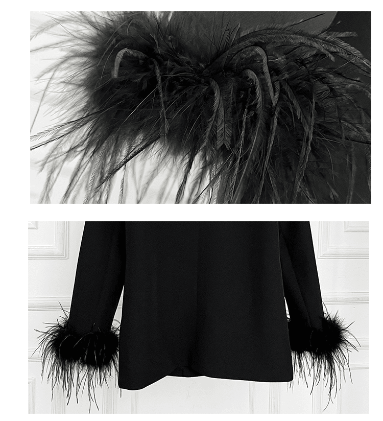 VELVET FEATHER-TRIM JACKET IN BLACK DRESS STYLE OF CB 