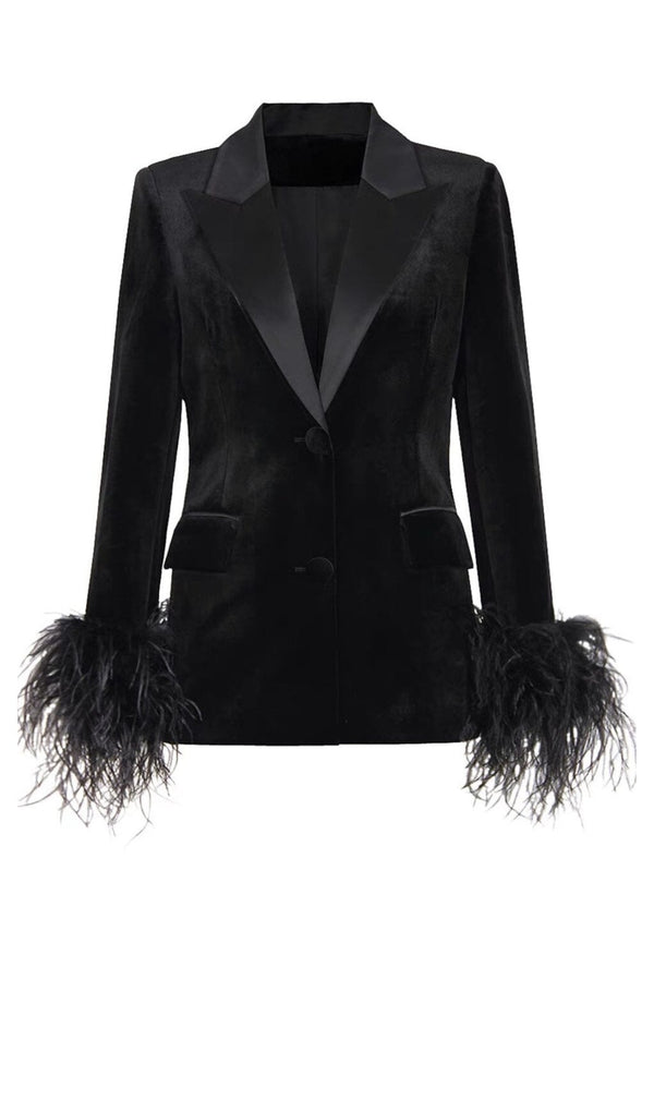 VELVET FEATHER-TRIM JACKET IN BLACK DRESS STYLE OF CB 