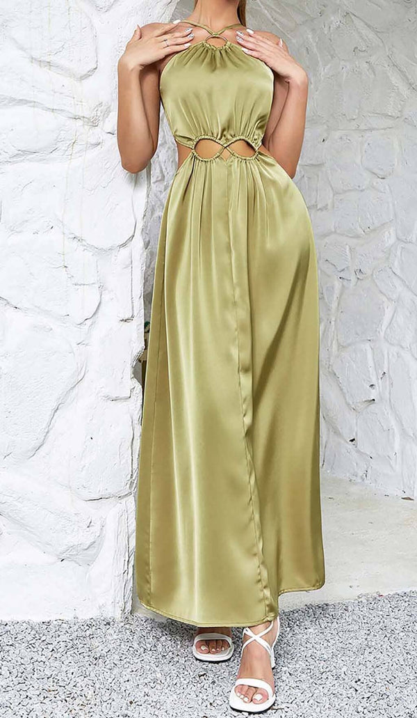WAIST CUTOUT SATIN MAXI DRESS IN OLIVE DRESS STYLE OF CB 