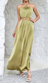 WAIST CUTOUT SATIN MAXI DRESS IN OLIVE DRESS STYLE OF CB 