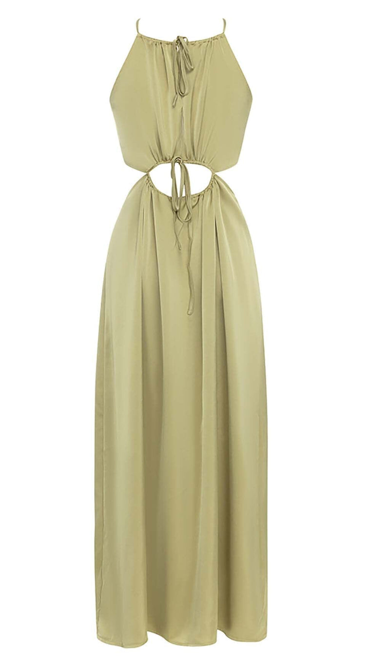 WAIST CUTOUT SATIN MAXI DRESS IN OLIVE DRESS STYLE OF CB 