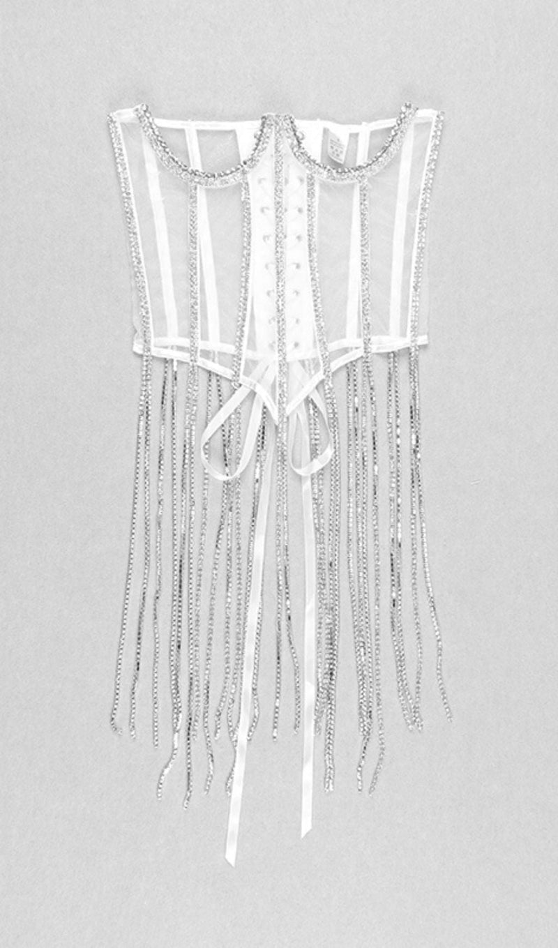 WHITE CRYSTAL TASSELS CORSET Shirts & Tops styleofcb 