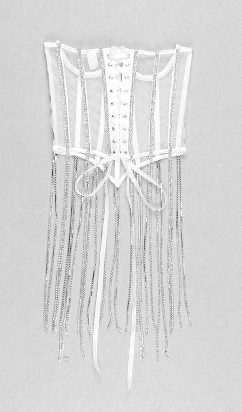 WHITE CRYSTAL TASSELS CORSET Shirts & Tops styleofcb 