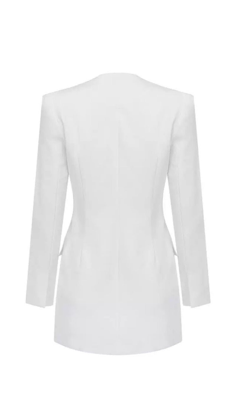 WHITE HOLLOW DRAPED TUXEDO DRESS