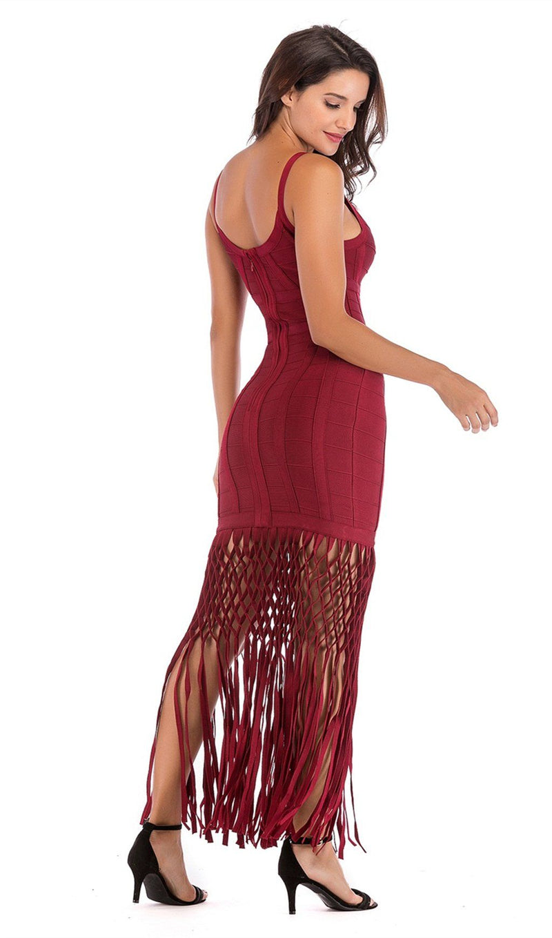 WINE DRAPED MAXI BANDAGE DRESS