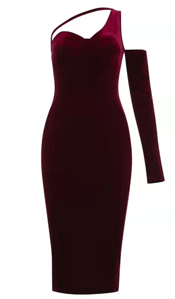 WINE RED ONE SHOULDER VELVET MIDI DRESS styleofcb 