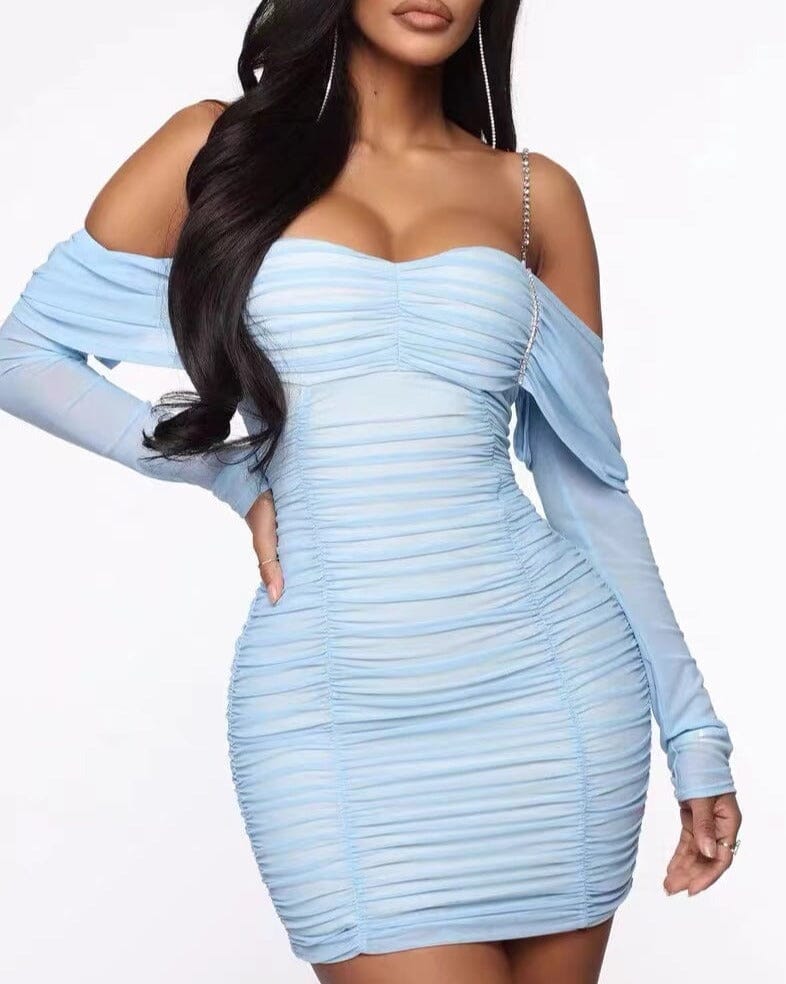 OFF SHOULDER MESH SKINNY MINI DRESS IN LIGHT BLUE styleofcb 