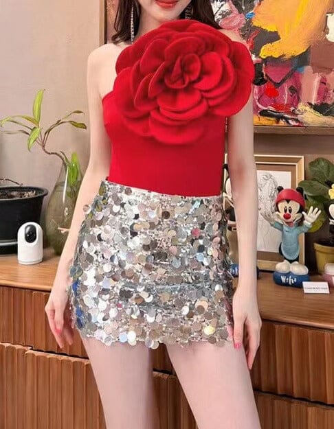 EXAGGERATED 3D FLOWER BODYSUIT IN RED styleofcb 