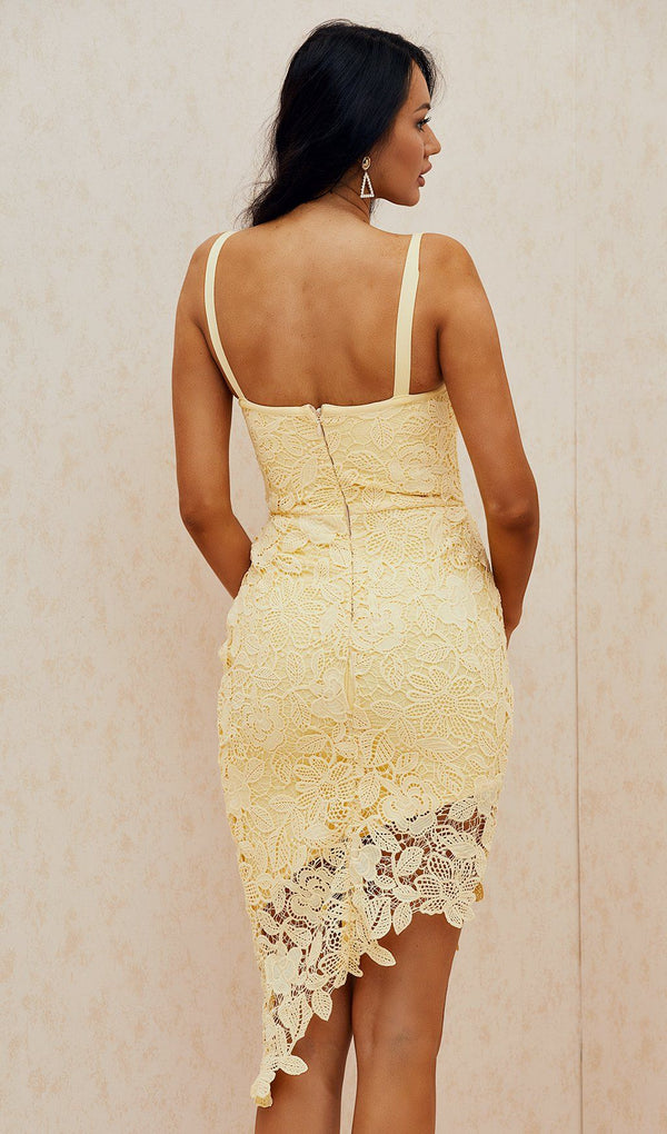 YELLOW SPAGHETTI STRAP LACE MINI DRESS