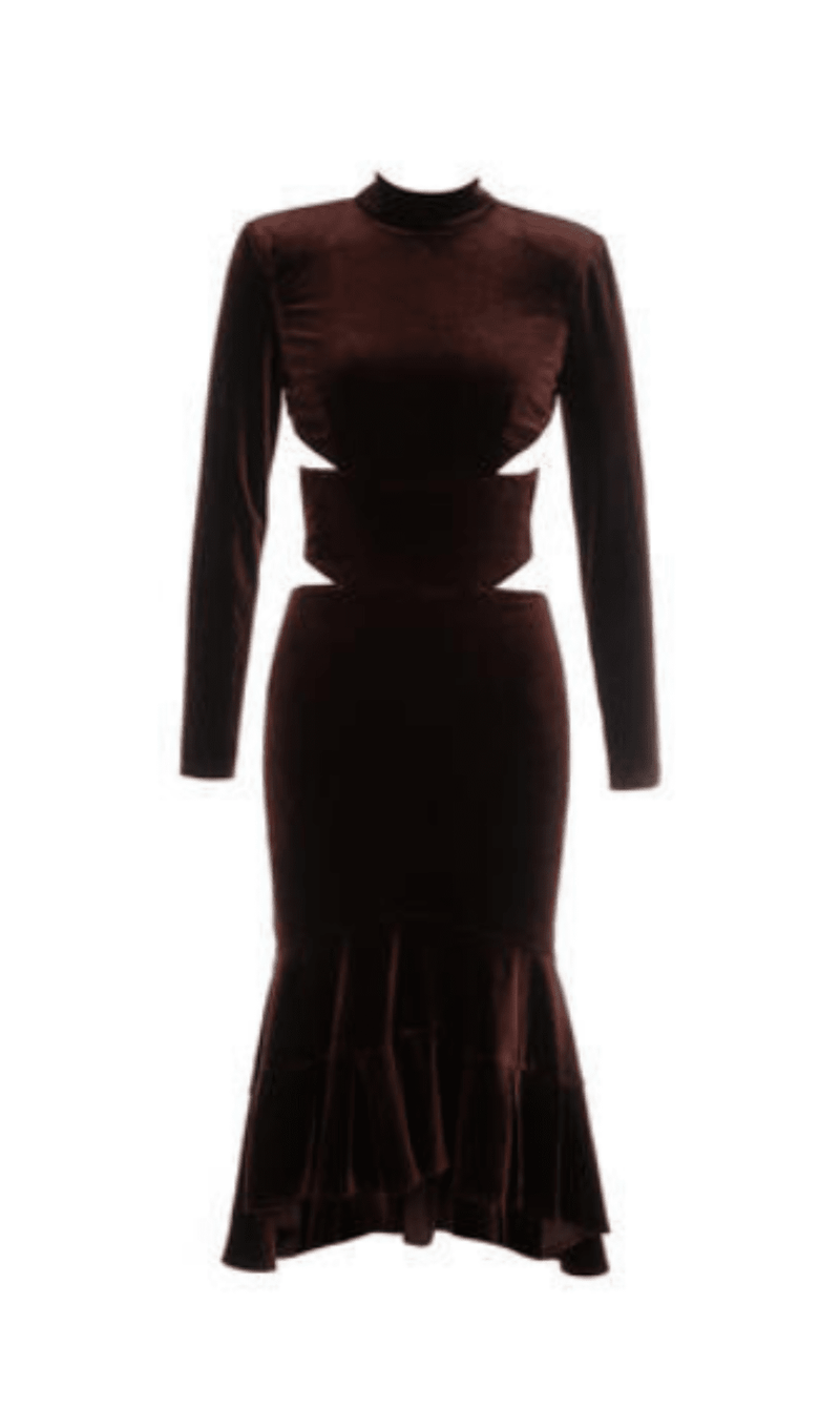 VELVET STRAPPY HOLLOW BACK FISHTAIL DRESS IN COFFEE styleofcb 