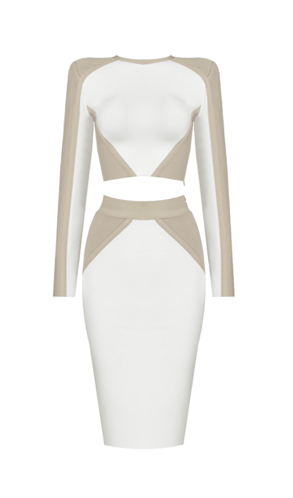 BANDAGE SLIM SPLICE TWO PIECE WRAP DRESS IN APRICOT WHITE styleofcb 