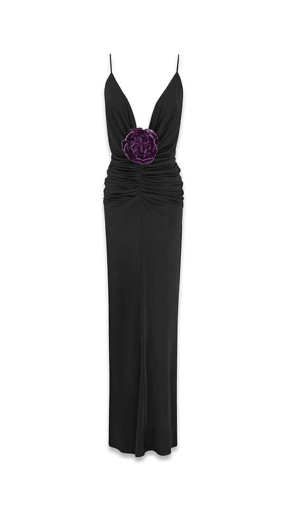 POLYESTER FLORAL RUFFLE SLIMMING HALTER MAXI DRESS IN BLACK styleofcb 