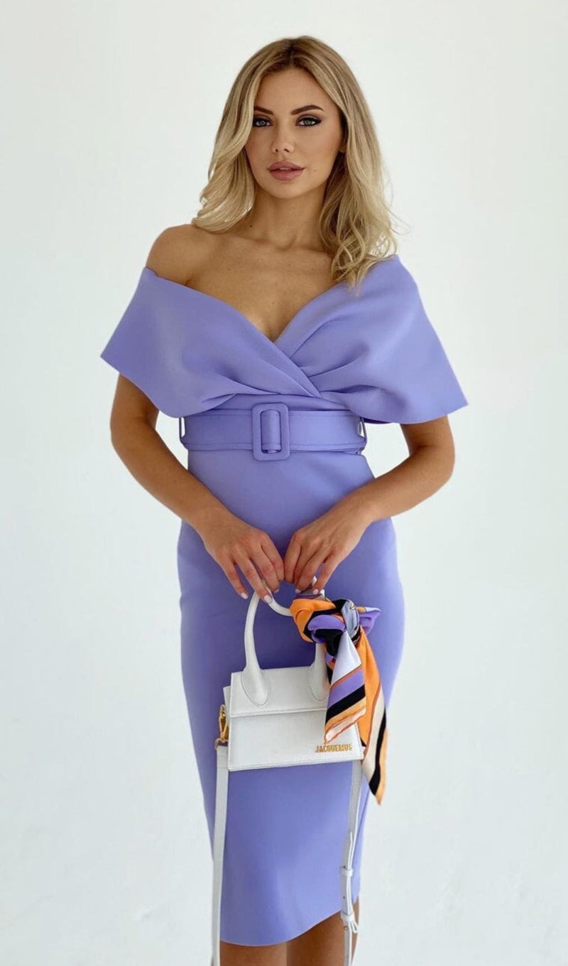 OFF SHOULDER V NECK BODYCON MIDI DRESS IN PURPLE Dresses styleofcb 