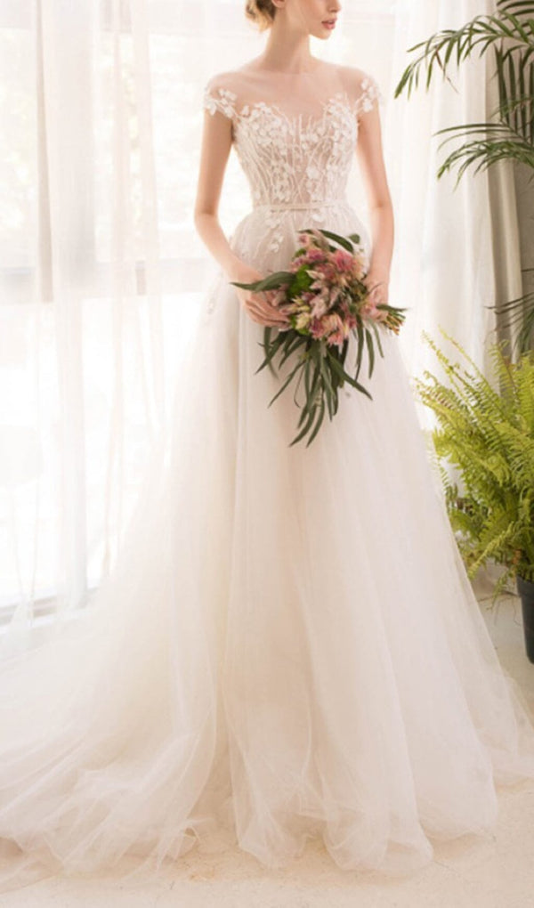 LACE PETAL-MESH MAXI DRESS IN WHITE styleofcb 