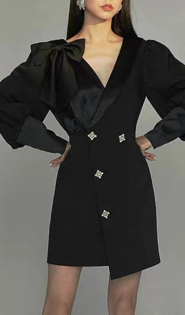 DIAMOND-BUTTON BOW LATERN SLEEVE IRREGULAR SUIT DRESS IN BLACK styleofcb 