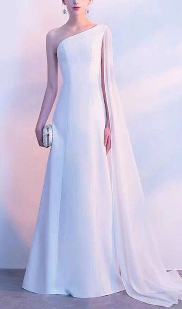 LONG YARN SLOPING SHOULDERS FISHTAIL DRESS IN WHITE styleofcb 