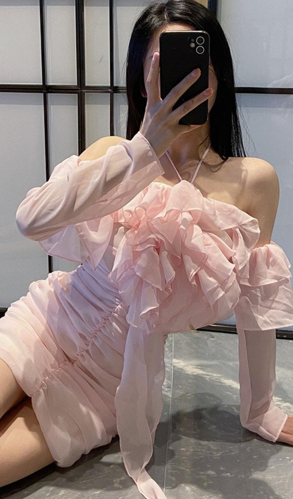 FRILL BARDOT MINI DRESS IN BABY PINK Dresses styleofcb 