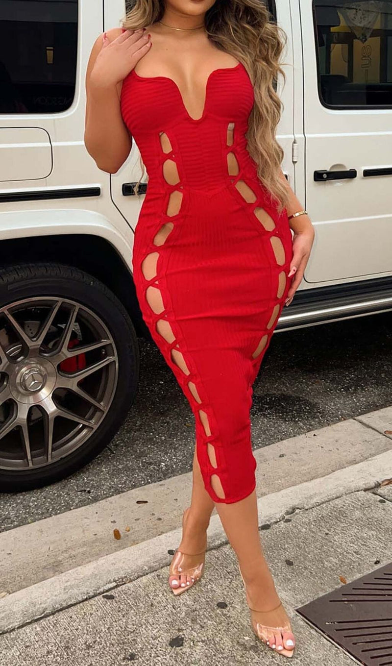 CUT OUT FAUX LACE UP MIDI DRESS DRESS STYLE OF CB 