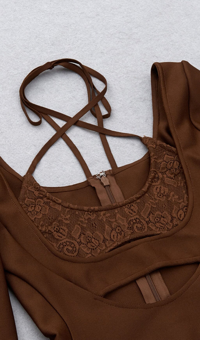 BANDAGE CUT-OUT LACE PATCHWORK EMBELLISHED DRESS COFFEE styleofcb 