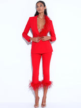 RED BLAZER SUIT WITH FEATHER TRIM Bottoms styleofcb 