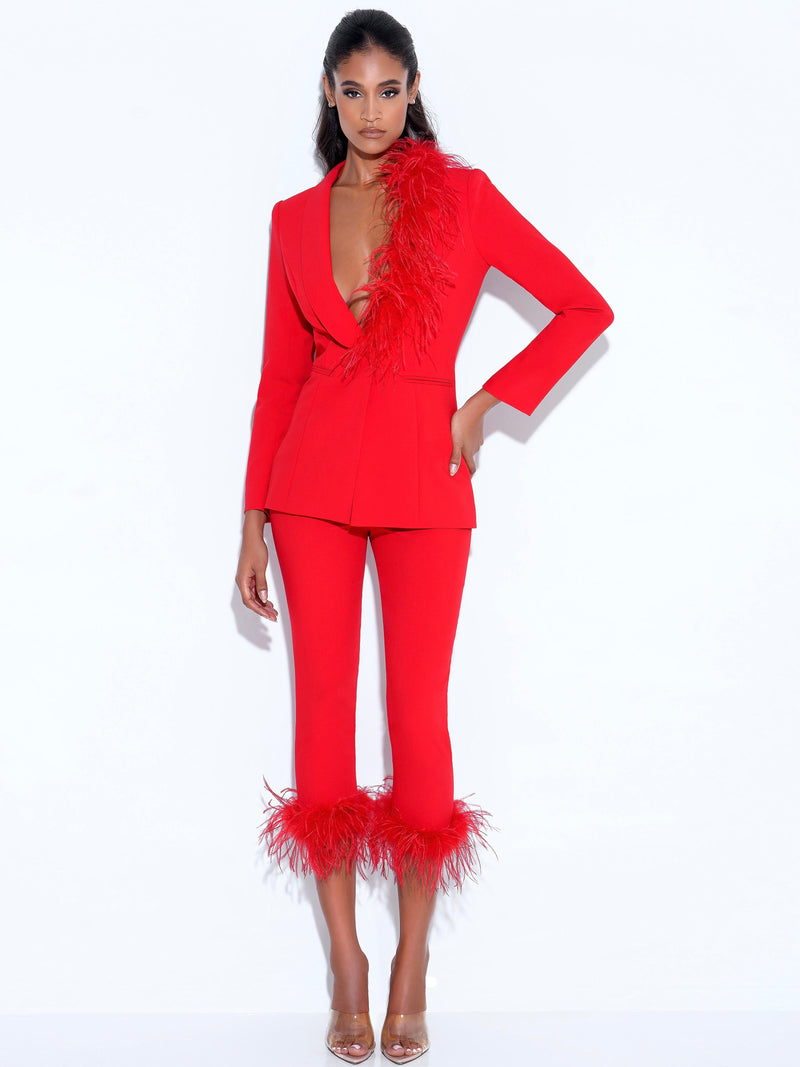 RED BLAZER SUIT WITH FEATHER TRIM Bottoms styleofcb 