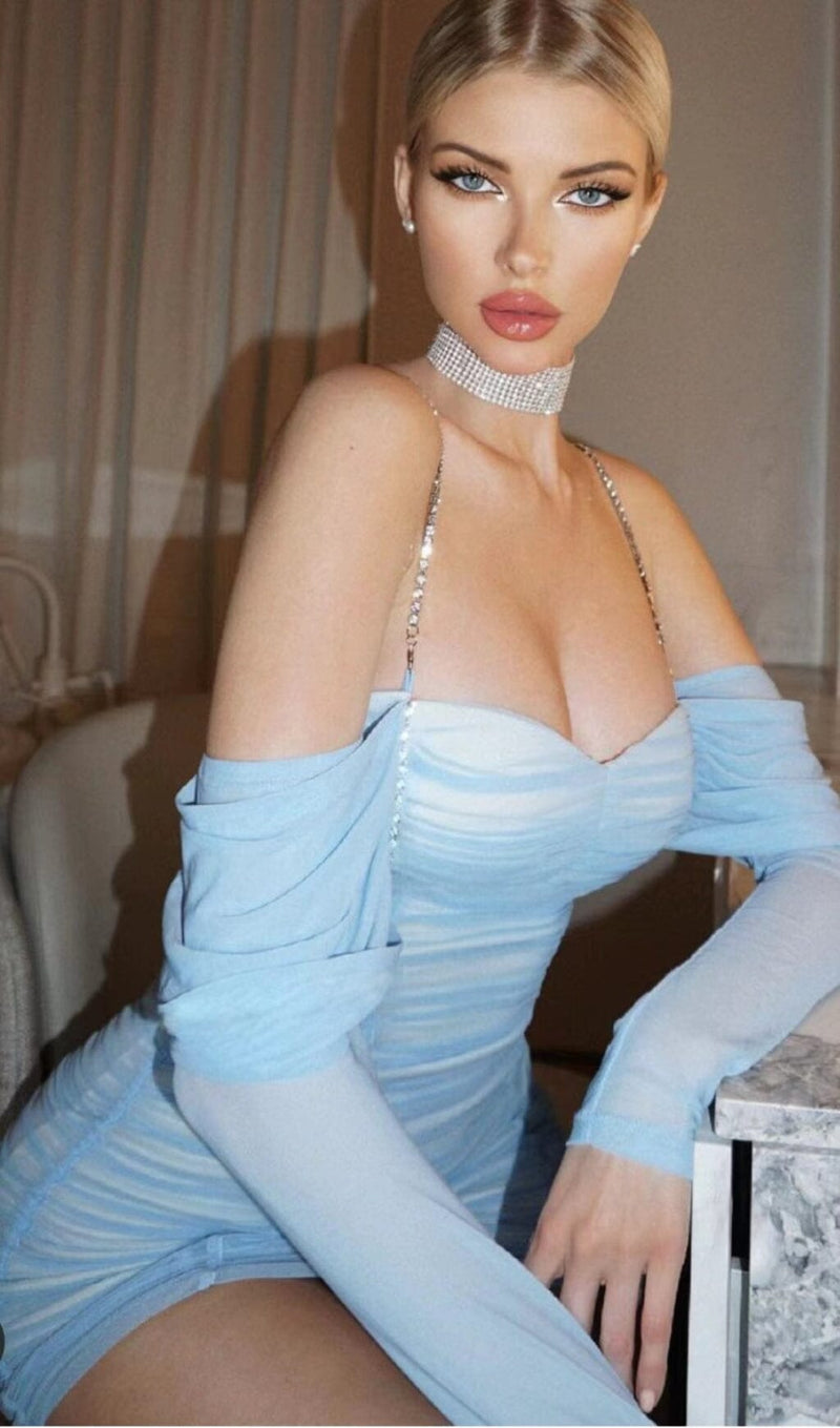 OFF SHOULDER MESH SKINNY MINI DRESS IN LIGHT BLUE styleofcb 