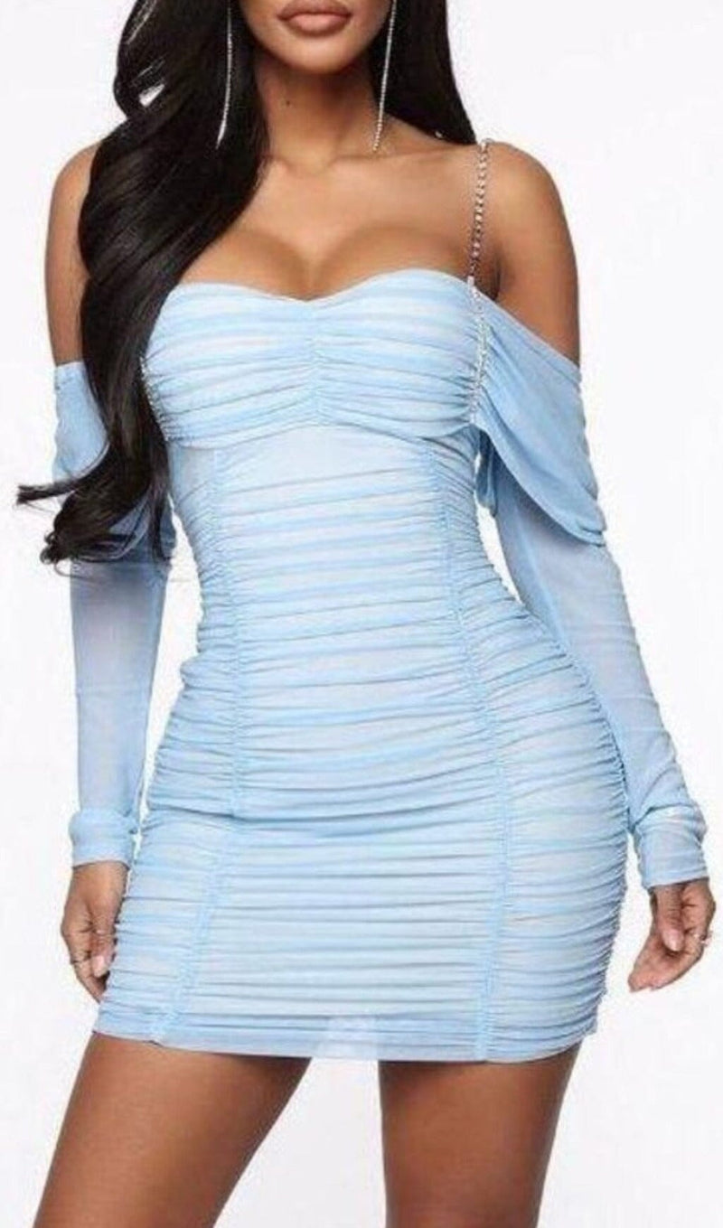 OFF SHOULDER MESH SKINNY MINI DRESS IN LIGHT BLUE styleofcb 