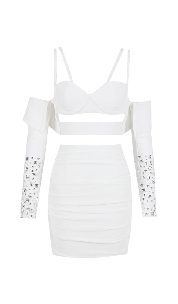 BANDAGE BRIGHT DIAMOND HOLLOW TWO PIECE HALTER WRAP DRESS IN WHITE styleofcb 