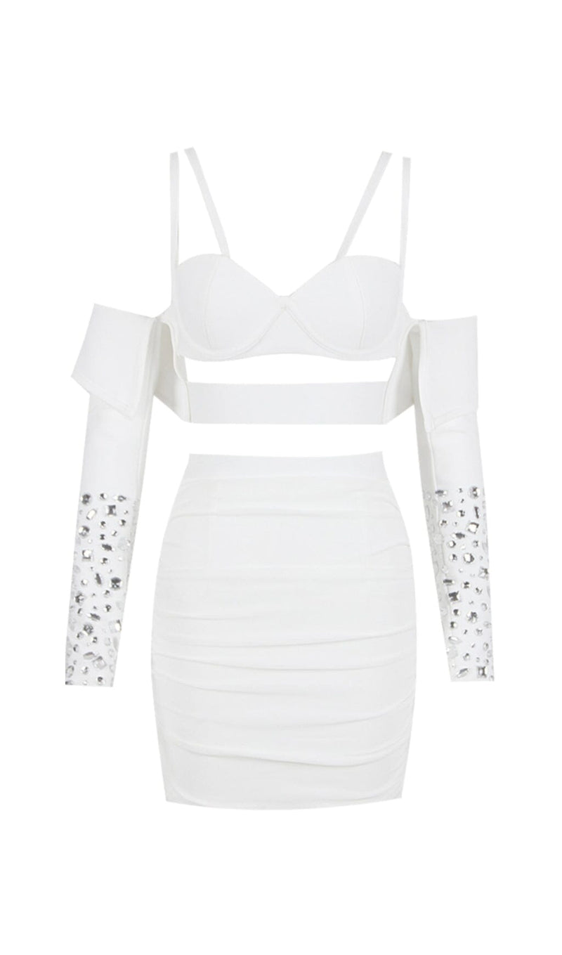 BANDAGE BRIGHT DIAMOND HOLLOW TWO PIECE HALTER WRAP DRESS IN WHITE styleofcb 