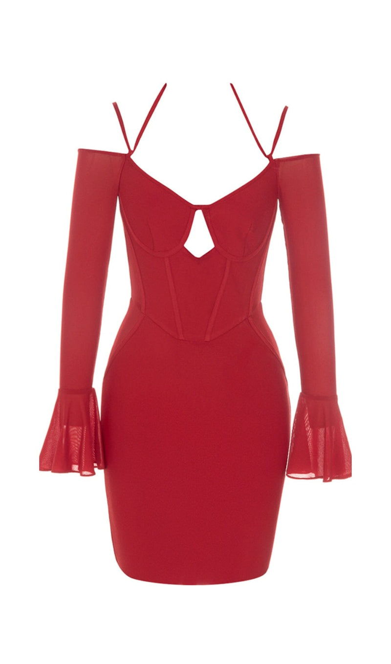 BANDAGE HANGING NECK RUFFLE SLEEVE STRETCH SLIM DRESS RED styleofcb 