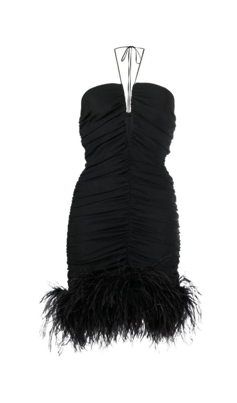 SEXY STRETCH OFF-SHOULDER FEATHER MINI DRESS IN BLACK styleofcb 
