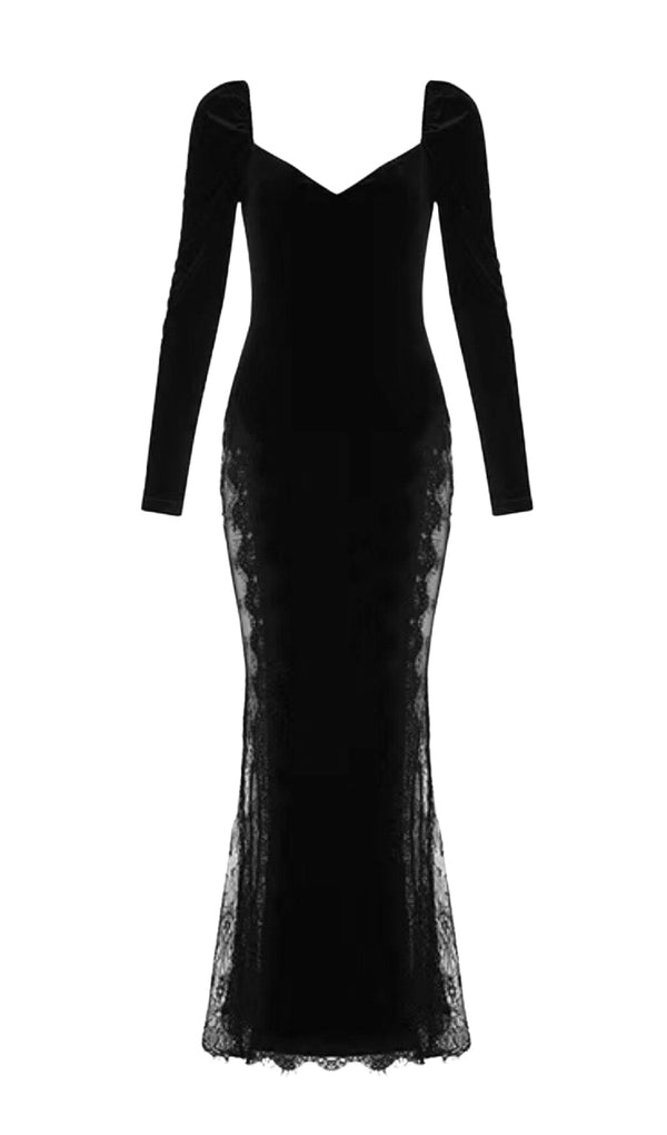 BLACK SQUARE-NECK LACE STITCHED HIGH-SLIT MIDI DRESS styleofcb 