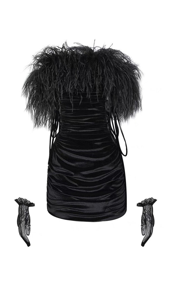 VELVET OFF-SHOULDER FEATHER MINI DRESS IN BLACK styleofcb 