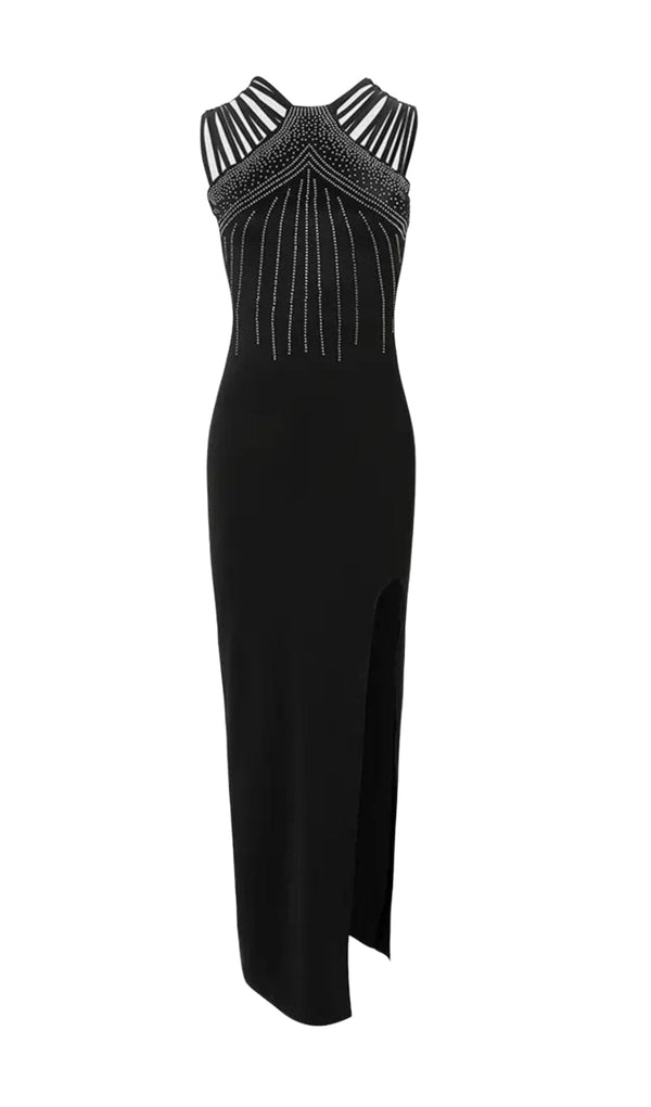 POLYESTER IRON-ON HALTER SLEEVELESS ONE STEP DRESS IN BLACK styleofcb 