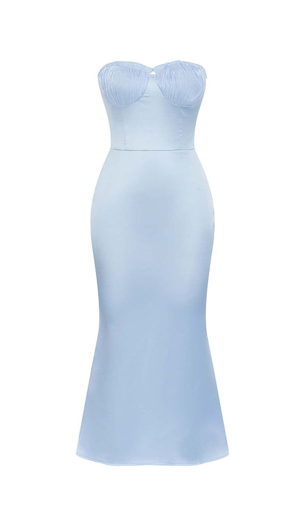 BANDEAU SATIN SLIT MIDI DRESS IN SKY BLUE DRESS STYLE OF CB 