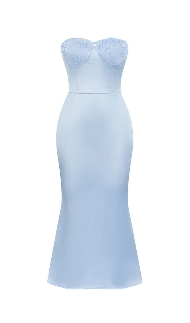 BANDEAU SATIN SLIT MIDI DRESS IN SKY BLUE DRESS STYLE OF CB 