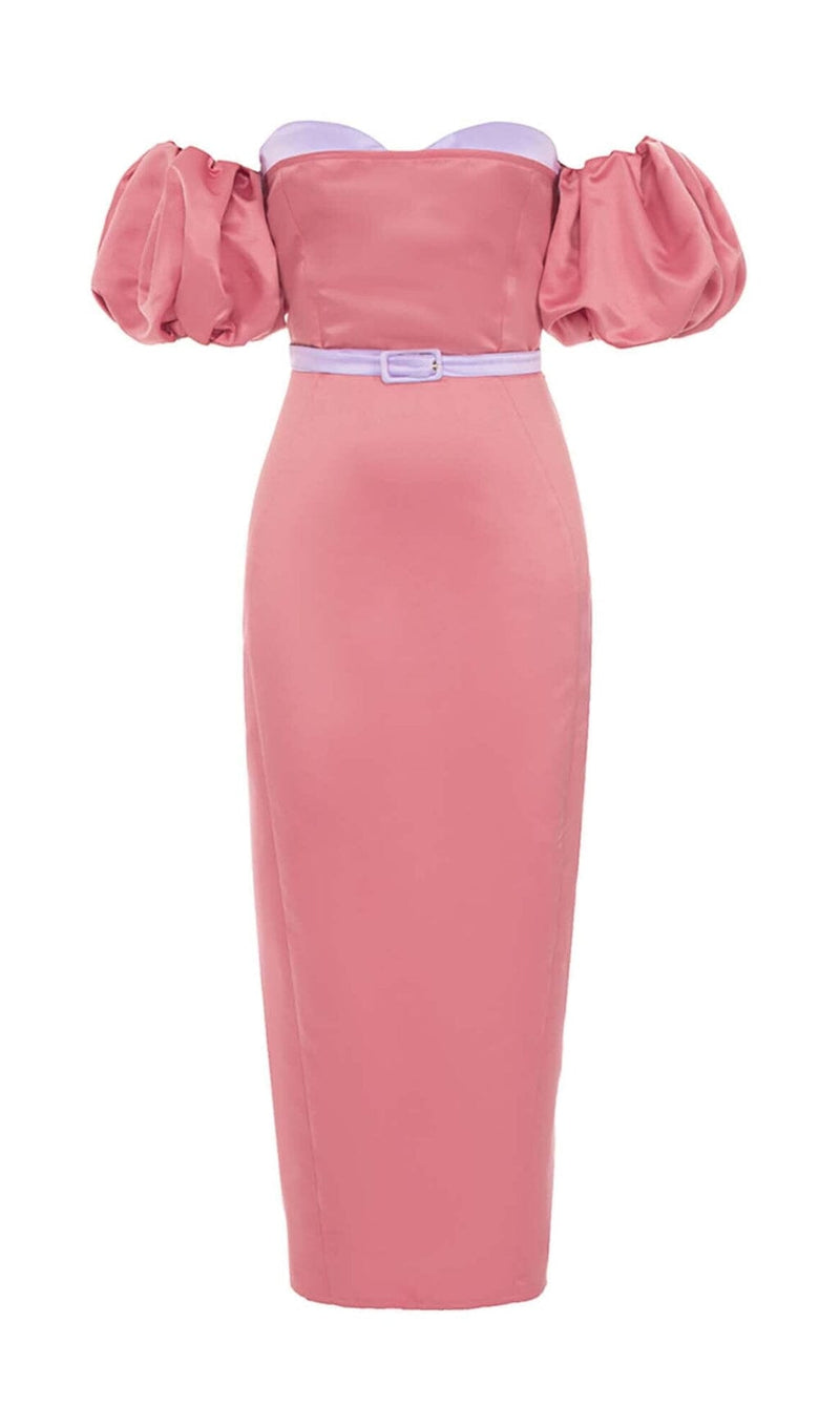 PUFF BODYCON SATIN MIDI DRESS IN ROSE DRESS STYLE OF CB 