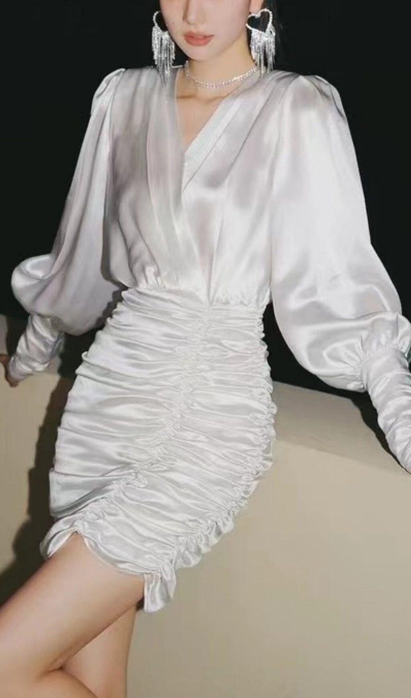 SEXY SLIM DEEP V LONG SLEEVES SILK SIMILAR MINI DRESS styleofcb 